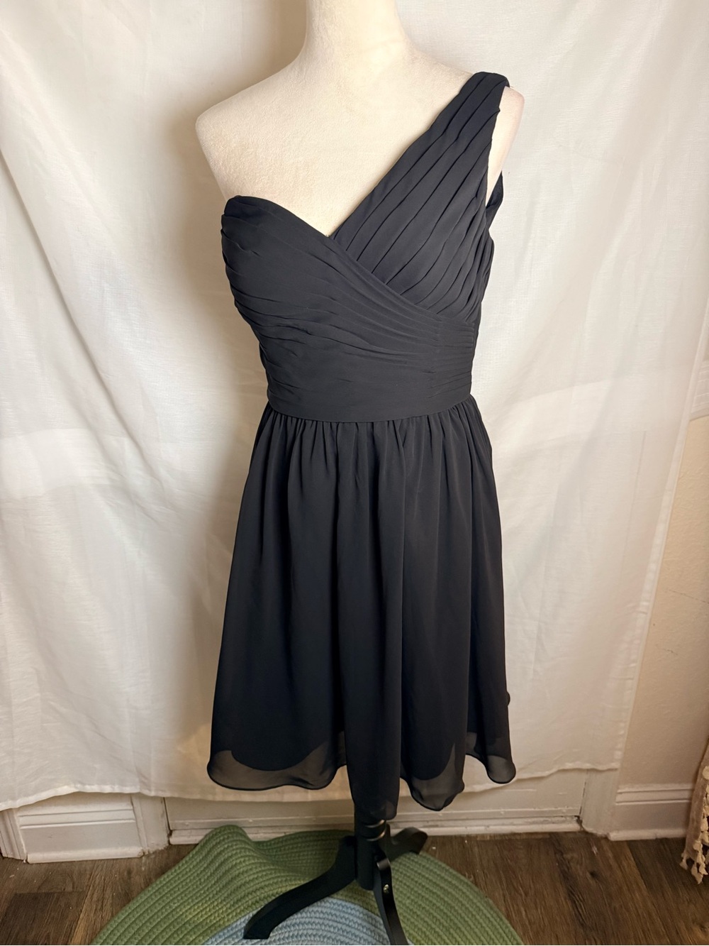 Mori Lee One Shoulder Chiffon Dress Black NWT Size 12 Formal Knee Length